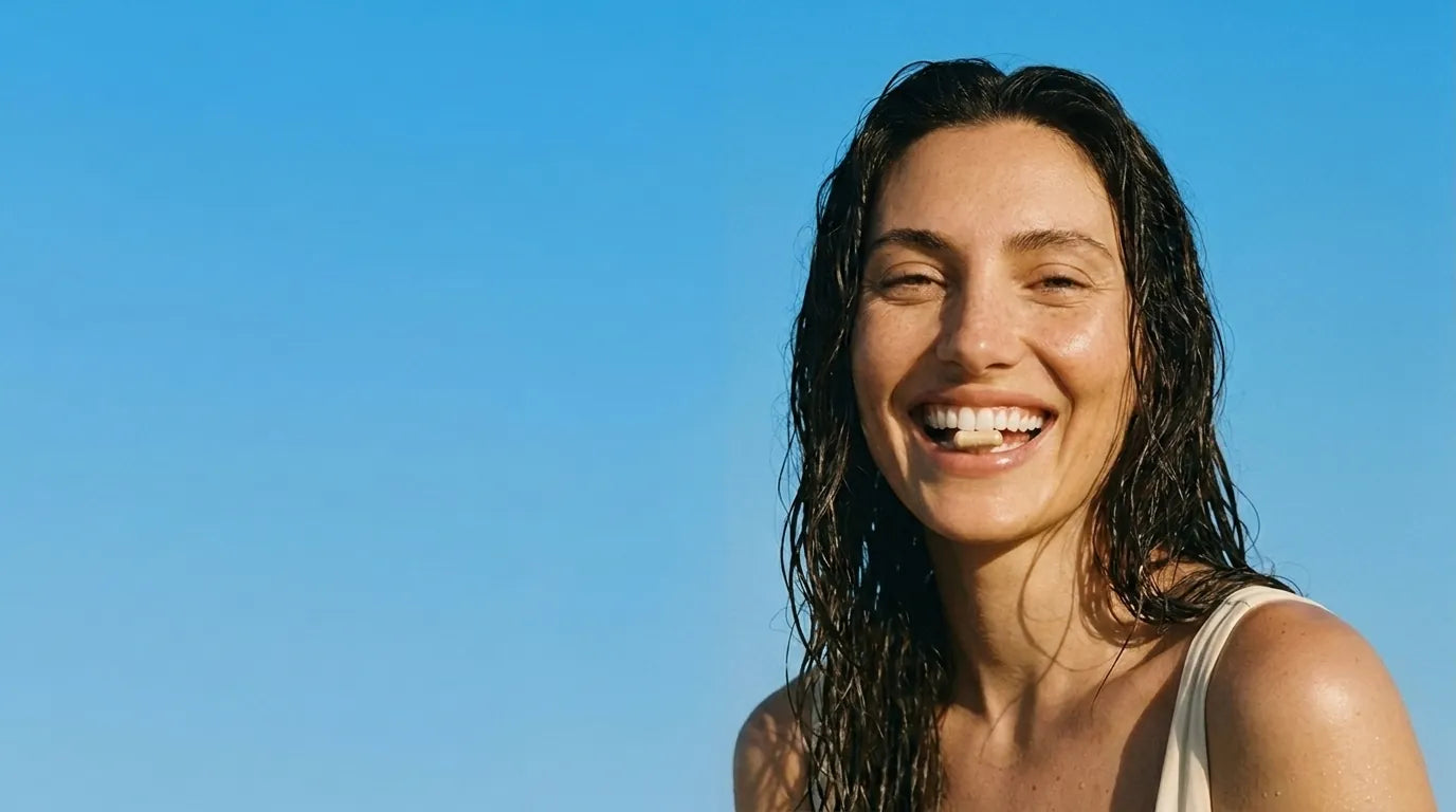 A woman smiling in the sun with wet hair and glowing skin